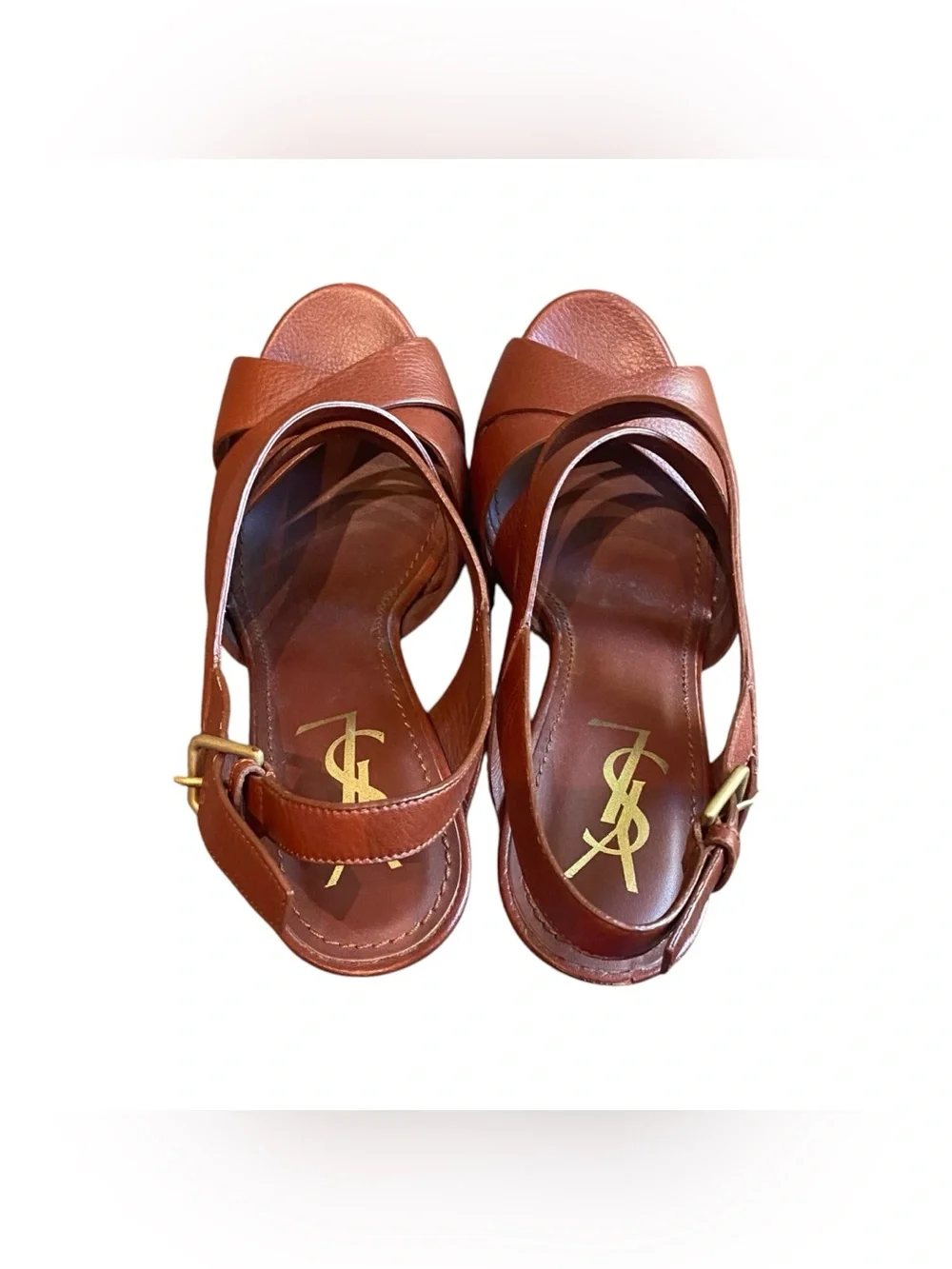 Yves Saint Laurent Deauville Leather Crossstrap Buckle Slingback PlatformSandals